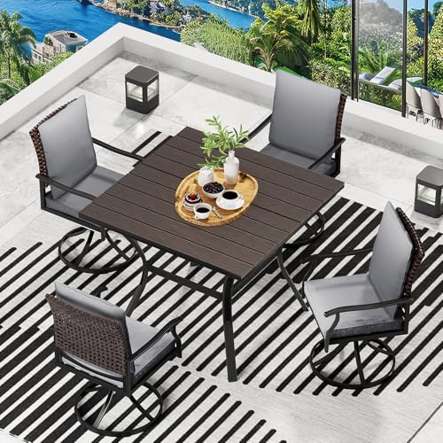 LEVELEVE 5 Piece Outdoor Patio Dining Set with 4 Swivel Dining Chairs & 1 Large Round Dining Table,Bistro Furniture Set for Lawn, Garden, Deck, Backyard and Porch