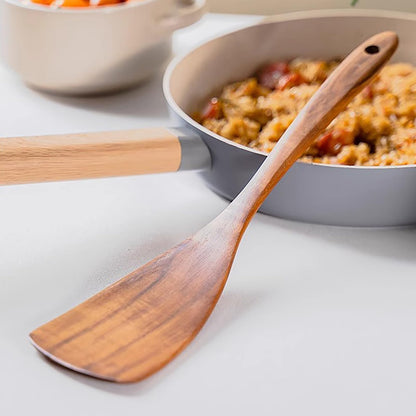 2 Pcs Wooden Spatula Set - Acacia Wood Non-Stick Kitchen Utensils with Long Handle - Solid & Slotted Spatulas for Cooking, Baking - Smooth Finish, Handmade Wooden Spoons