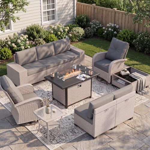 Aukreolis 10 Pieces Patio Furniture Set with Fire Pit Table, Outdoor Sectional Wicker Sofa with Thick Cushions, High Back Swivel Rocker Patio Chairs, Rattan Conversation Set with Coffee Table, Grey