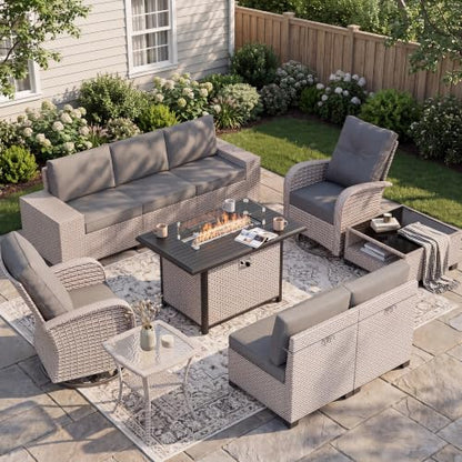 Aukreolis 10 Pieces Patio Furniture Set with Fire Pit Table, Outdoor Sectional Wicker Sofa with Thick Cushions, High Back Swivel Rocker Patio Chairs, Rattan Conversation Set with Coffee Table, Grey