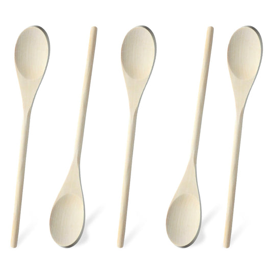 Ptwola 5 Pcs Wooden Spoons for Cooking 12 Inch Long Handle Spoon Maple Mixing Oval Kitchen Tasting Spoons Utensil Set for Sauce Honey Serving Chef Coffee Crafts Stirring Food Soup Desserts
