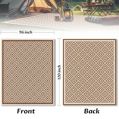 Pafolo Outdoor Rug Waterproof, 8'x10' Reversible Patio Rug with Lights, 4 Rug Stakes, Non Shedding, Easy Cleaning, Foldable Outside Mat for RV, Camping, Porch, Deck, Beach, Patio, Picnic, Brown&White