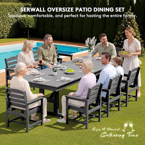 SERWALL 9 Piece Outdoor Dining Set, 84" HDPE Outdoor Table and Chairs for 8，All Weather Patio Furniture Set with Umbrella Hole for Backyard, Garden, Gray