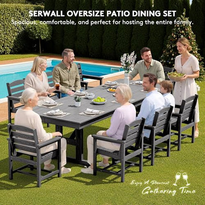 SERWALL 9 Piece Outdoor Dining Set, 84" HDPE Outdoor Table and Chairs for 8，All Weather Patio Furniture Set with Umbrella Hole for Backyard, Garden, Gray