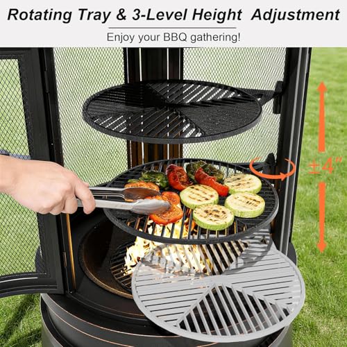 Gotland 2 in 1 Metal Chimenea with Grill, Outdoor Fire Pit with Adjustable Grill Tray 3-Door Design Spark Screen Door, Chiminea Outdoor Fireplace, Wood Stove for BBQ, Patio, Garden, Backyard