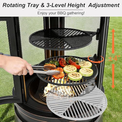 Gotland 2 in 1 Metal Chimenea with Grill, Outdoor Fire Pit with Adjustable Grill Tray 3-Door Design Spark Screen Door, Chiminea Outdoor Fireplace, Wood Stove for BBQ, Patio, Garden, Backyard
