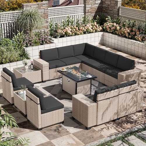 Aukreolis 13 Pieces Patio Furniture Set with Fire Pit Table, Outdoor Sectional Wicker Sofa with Thickened Cushions and Coffee Table, High Back Rattan Patio Conversation Sets, Black