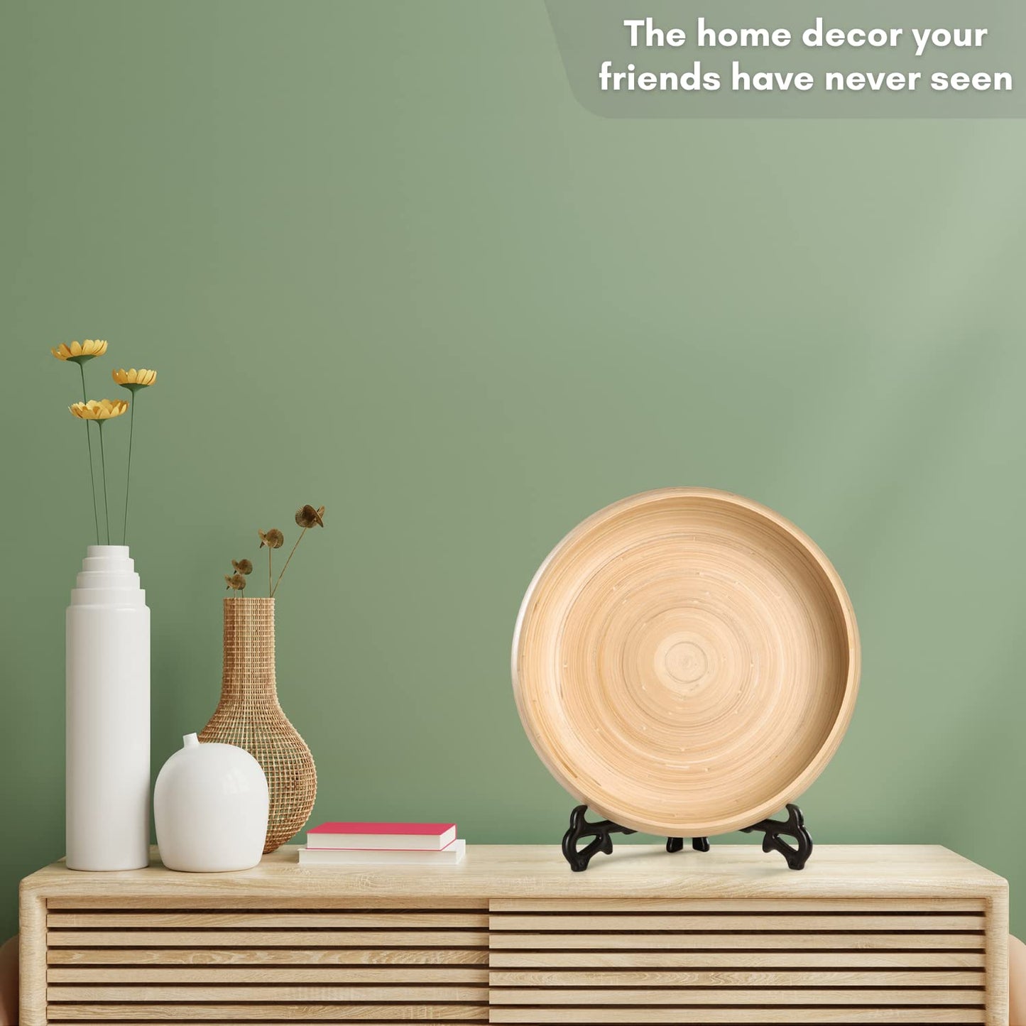 LEXA 12" Handmade Natural Bamboo Wooden Fruit Bowl for Kitchen Counter - 130 oz Lightweight Large Bamboo Wood Salad Bowl