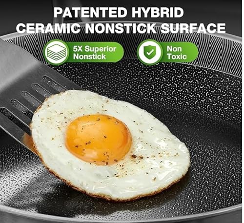 PekGema Hybrid Nonstick Frying Pan 10inch，5-Ply Stainless Steel Skillet,Ceramic Coating PFAS-Free.Oven-Safe 500°F,Compatible with All Cooktops,Stay-CoolHandle,Dishwasher-Friendly