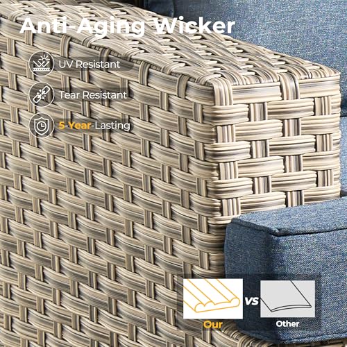 HOOOWOOO Sectional Patio Furniture Set with Fire Pit Table,17 Pieces Wicker Outdoor Furniture L Shaped Couch,Outside Conversation Set Extra Deep Sofa Wide Arm Swivel Chairs Ottoman Light,Denim Blue