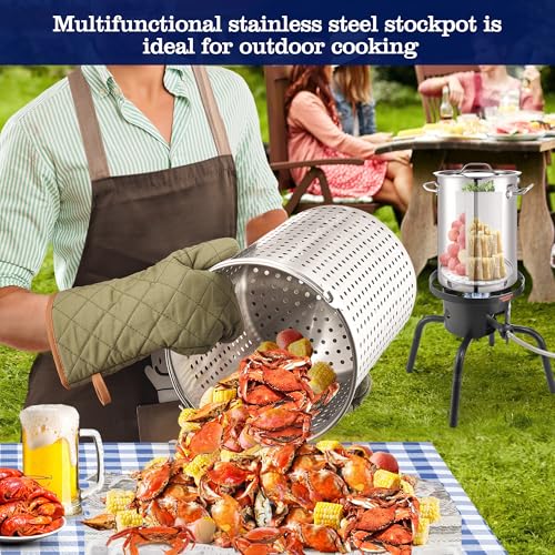 ARC 32QT Stainless Steel Stock pot 6-Piece For Seafood Boil Pot with Basket and Steamer Rack,Cookware for Crawfish Crab Shrimp Lobster Boiling Pot, Turkey Fryer Pot, Tamale Steamer Pot with Strainer