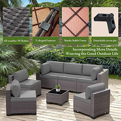 RTDTD 7 Pieces Outdoor Patio Furniture Set,Outdoor Sectional Furniture All Weather PE Rattan Wicker Patio Conversation Set with Coffee Table and 6 Thickened Cushions,Grey