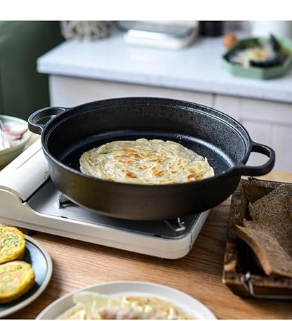 Cast Iron Skillet with 2 Handle, 9in/23cm Rounde Mini Flat Bottomed Frying Pan for fried steakBread, Baking,Pizza, Outdoor Cooking, Camping, Grill, Stovetop, Oven Safe Cookware (9inch 23 cm)