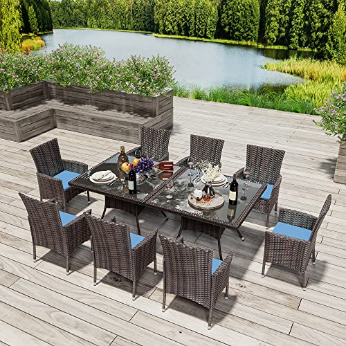 RTDTD 10 Pieces Outdoor Patio Dining Set,Patio Table and Chairs Rattan Outdoor Patio Furniture Set with Umbrella Hole,Dining Table Set for 8 with Chairs for Backyard,Garden and Kitchen,Navy Blue
