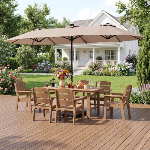 8 Piece HDPE Outdoor Dining Set for 6 with 15ft Umbrella and Base,Teak