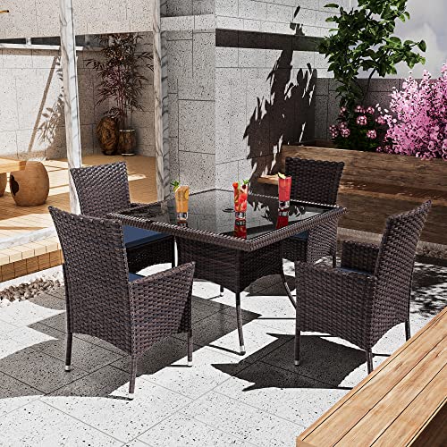 ASJMR 5 Pieces Dining Sets for 4 with Rattan Wicker Dining Set Chairs and Square Table Glass Top with Umbrella Cutout, Outdoor and Indoor Set for Patio, Backyard, Garden, Poolside, Kitchen-Navy