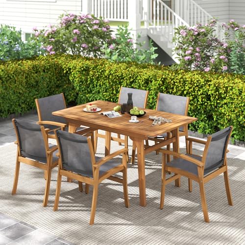 Tangkula 9 Pieces Acacia Wood Patio Dining Set for 6-8, Outdoor Expandable Table and Chairs Set with 1.97" Umbrella Hole and Breathable Fabric for Garden, Lawn, Yard and Poolside