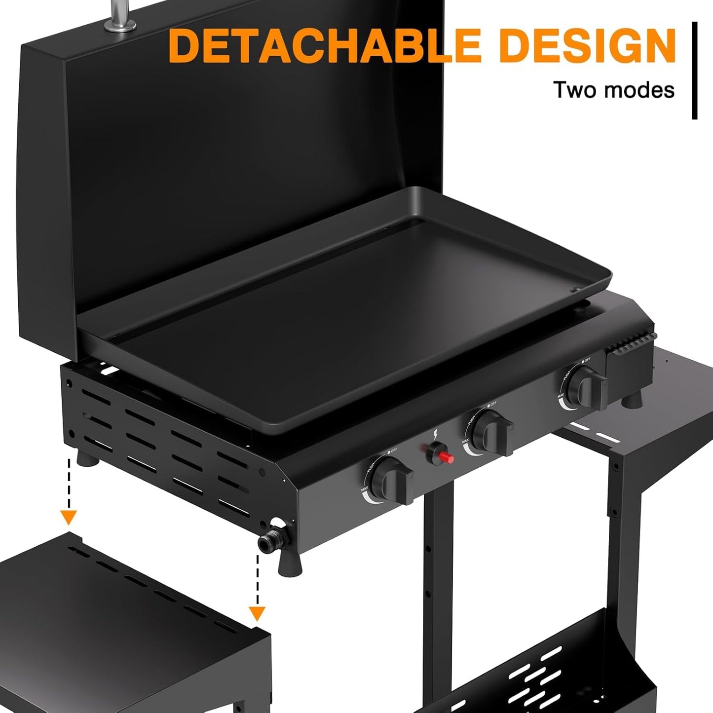 ADREAK 3 Burner BBQ Gas Griddle with Hood, 25.6 Inch Stainless Steel Portable Detachable Propane Griddle, 45,000 BTU Flat Top Barbecue Grill with Side Shelves for Camping
