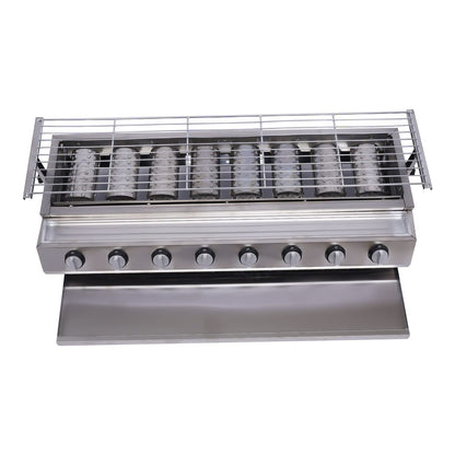 Commercial 8 Burner Gas Countertop Griddle with Smokeless Yakitori Grill, Adjustable Height LPG Propane Indoor Griddle, Removable Grill Net