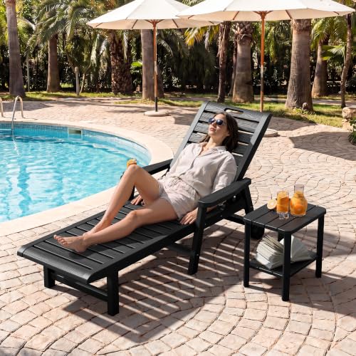 NUNU LAB Outdoor Chaise Lounge Chairs Set, Black with Wheels, 2pcs