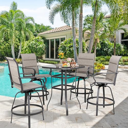 Vongrasig 5 Piece Patio Swivel Bar Set, All Weather Metal Textilene High Stools Chair Set of 4 and Glass Table, Outdoor Top Bistro for Lawn Garden, Balcony, Taupe Padded Gray VG-HGB4C1T