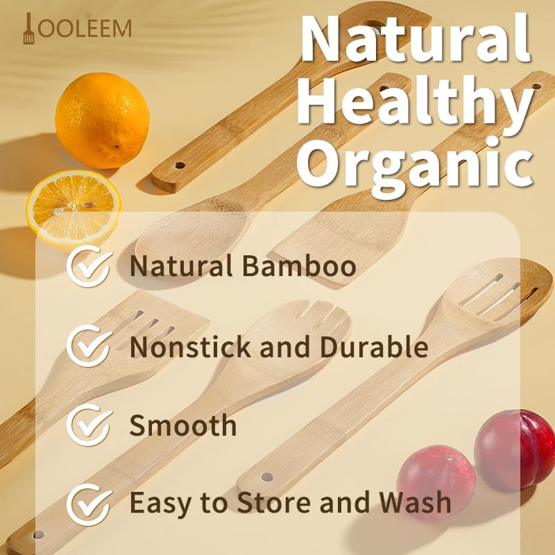 IOOLEEM Bamboo Wooden Spoons for Cooking 6 Pcs 12 Inch, Non-Stick Wooden Kitchen Utensils Set, Natural and Durable Wooden Spatula Spoons for Non-Stick Pan for Cooking