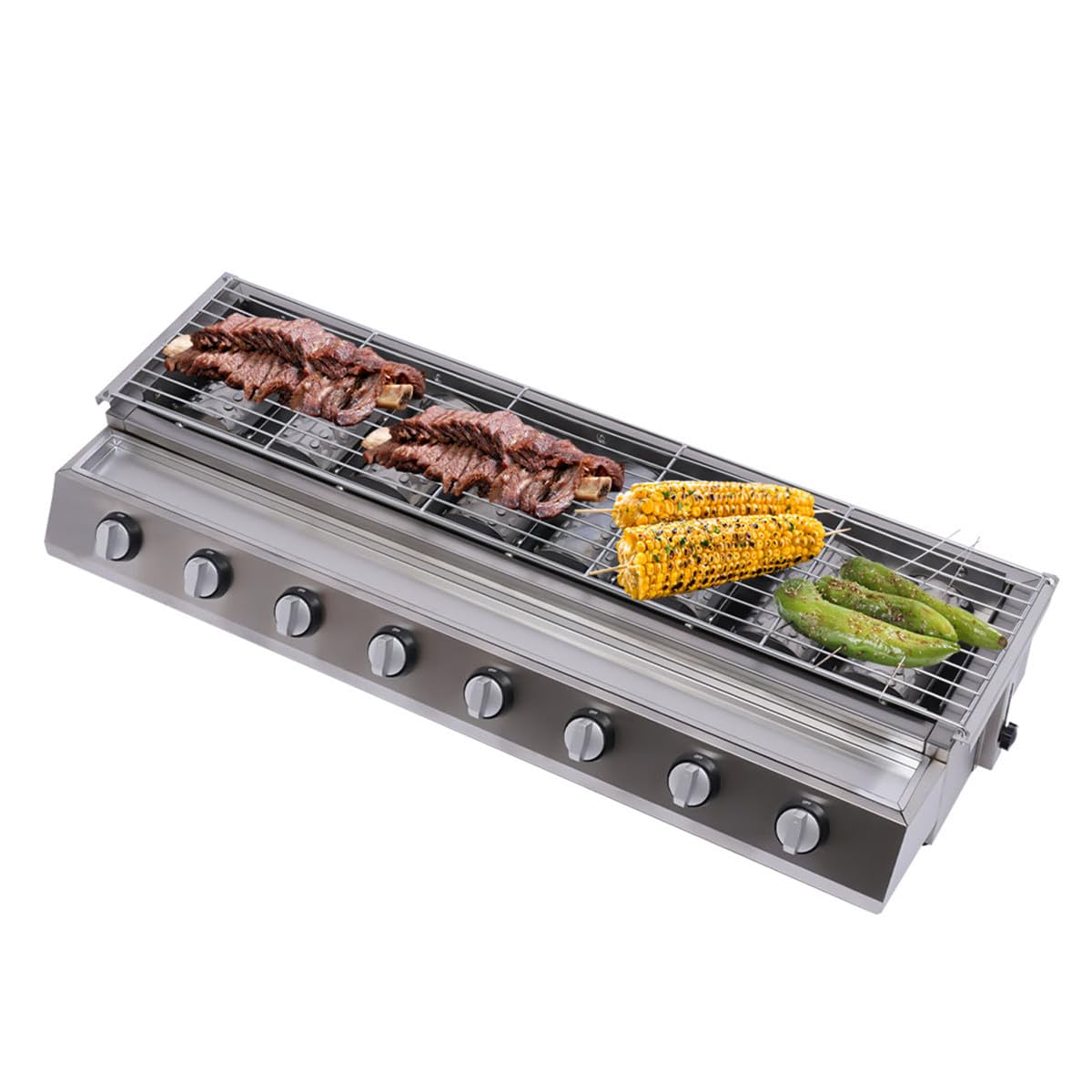 Commercial 8 Burner Gas Countertop Griddle with Smokeless Yakitori Grill, Adjustable Height LPG Propane Indoor Griddle, Removable Grill Net