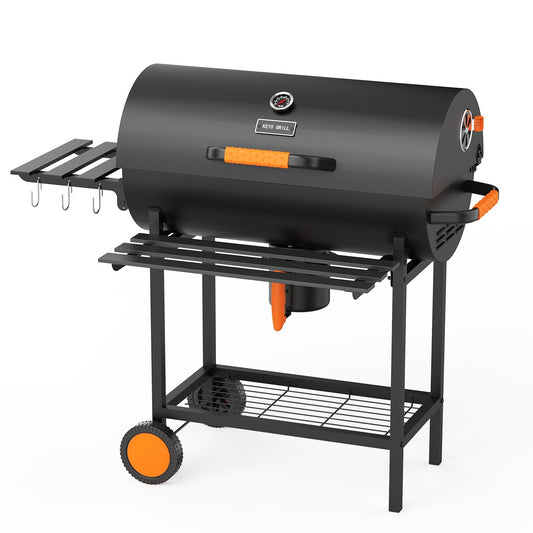 KEYO GRILL 29-Inch Barrel Charcoal Grill with Manual Rotisserie Meat Fork,Heavy duty BBQ grill with Detachable Windproof Ash Collector, Barbecue Smoker Grill Combo for Backyard, Patio and Parties
