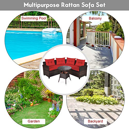 Tangkula 4-Piece C Shape Patio Furniture Set, Outdoor Corner Wicker Rattan Sectional Cushioned Sofa Set, with Glass Coffee Table, for Garden Poolside Balcony (Red)