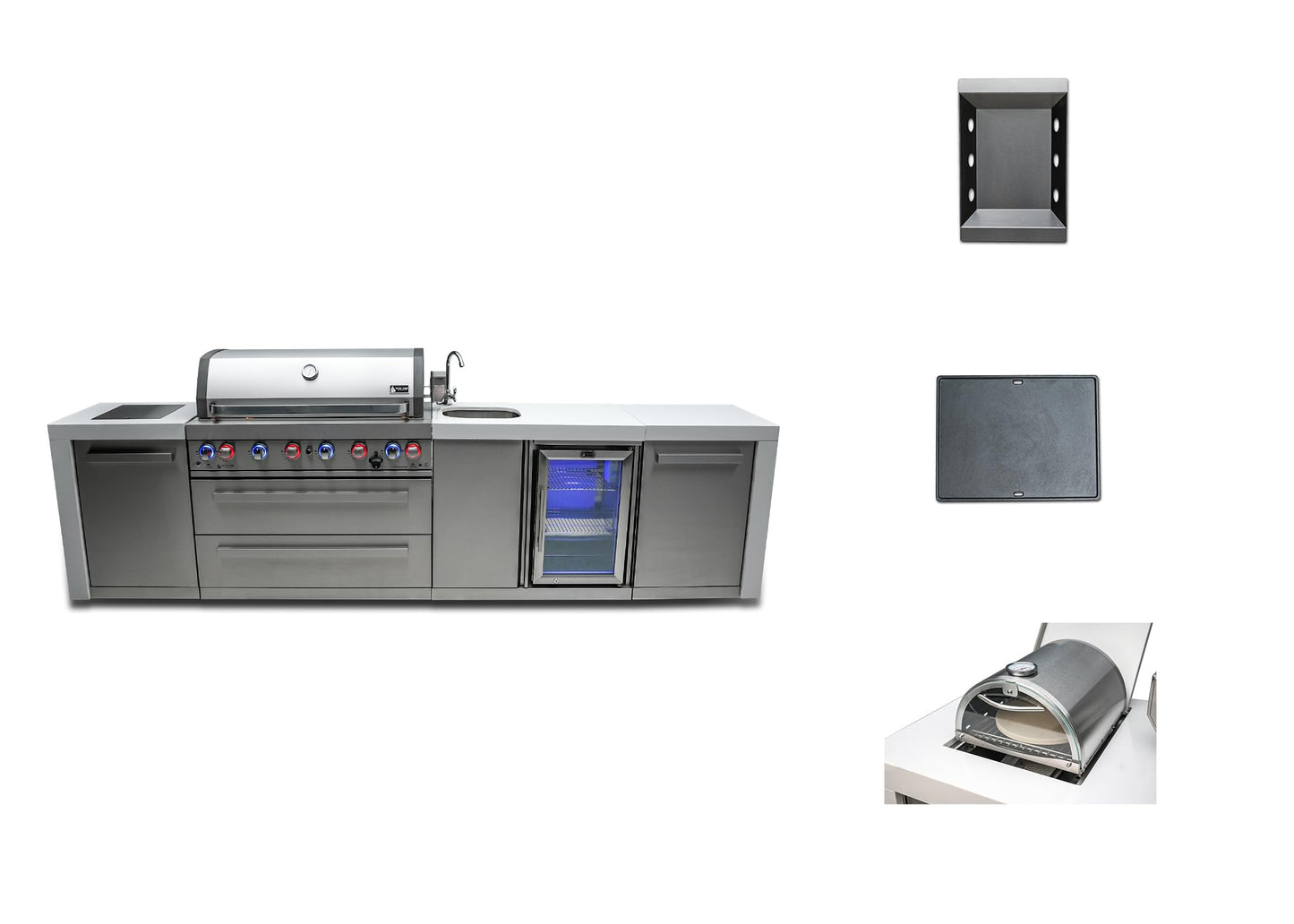 Mont Alpi MAi805-DBEV-COMBO 44-inch 6 Burner 115000 BTU Deluxe Stainless Steel Gas Outdoor Kitchen Island Barbecue Grill with Beverage Center + Side Burner Pizza Oven, Charcoal Tray & Griddle Plate
