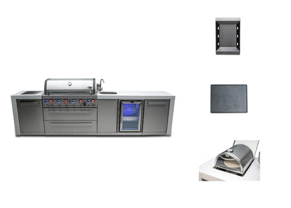 Mont Alpi MAi805-DBEV-COMBO 44-inch 6 Burner 115000 BTU Deluxe Stainless Steel Gas Outdoor Kitchen Island Barbecue Grill with Beverage Center + Side Burner Pizza Oven, Charcoal Tray & Griddle Plate
