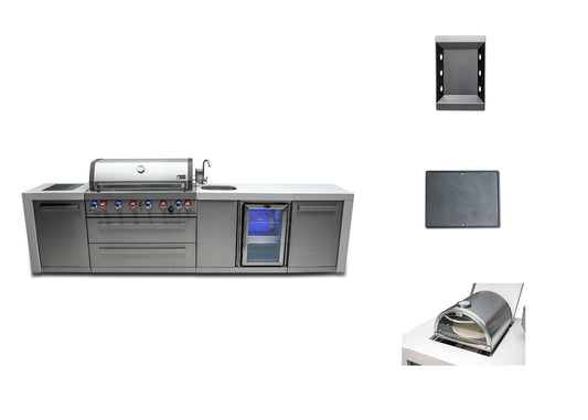 Mont Alpi MAi805-DBEV-COMBO 44-inch 6 Burner 115000 BTU Deluxe Stainless Steel Gas Outdoor Kitchen Island Barbecue Grill with Beverage Center + Side Burner Pizza Oven, Charcoal Tray & Griddle Plate