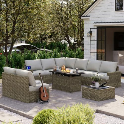 LazySunsets Luxury 10 Piece Patio Furniture Set with Fire Pit Table, Grey
