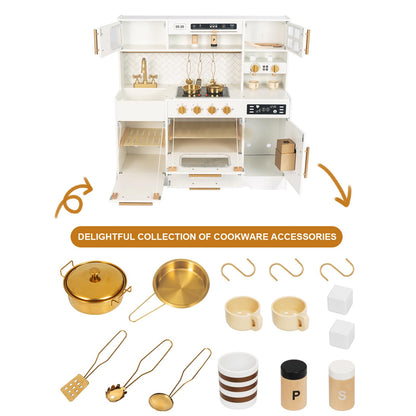 Interactive Wooden Play Kitchen Set for Kids Realistic Features with Extended Storage and 15 Kitchen Accessories, Ideal Pretend Playset Gift for Toddlers and Children Ages 3+