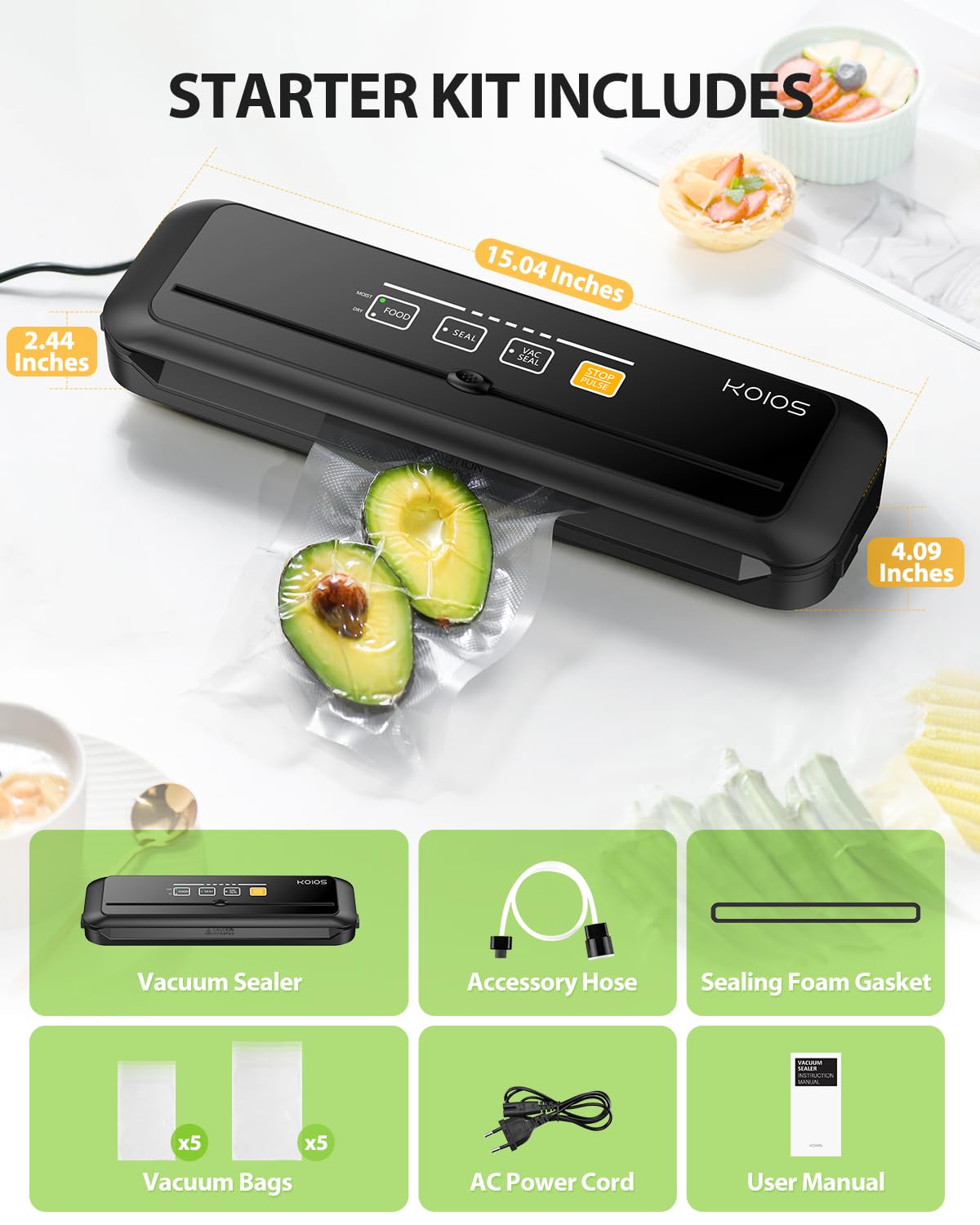 KOIOS Vacuum Sealer Machine, 90Kpa Automatic Vacuum Air food sealer/Built-in Cutter Starter Kit, Dry & Moist Food Preservation Modes, Pulse Function, LED Indicator Lights, Black