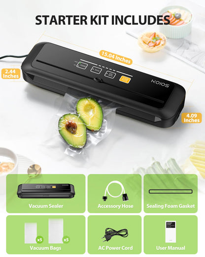 KOIOS Vacuum Sealer Machine, 90Kpa Automatic Vacuum Air food sealer/Built-in Cutter Starter Kit, Dry & Moist Food Preservation Modes, Pulse Function, LED Indicator Lights, Black
