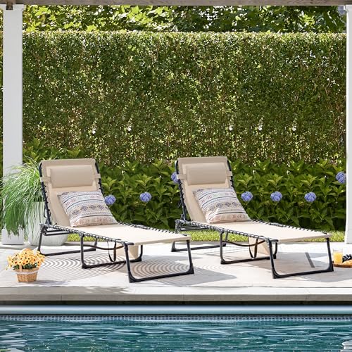 Flamaker Foldable Chaise Lounge Chair 5-Position Adjustable, Outdoor Tanning Chair with Side Pocket Sunbathing Recliner for Pool, Beach, Patio, Lawn(Beige, 1Pcs)