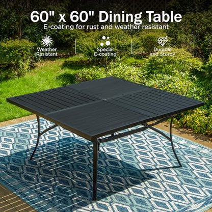 PHI VILLA 9 Pieces Outdoor Dining Set for 8, 60" Square Metal Table with Umbrella Hole & Wrought Iron Swivel Chairs, All Weather Outside Furniture with Blue Cushions & Pillows for Patio, Deck, Porch