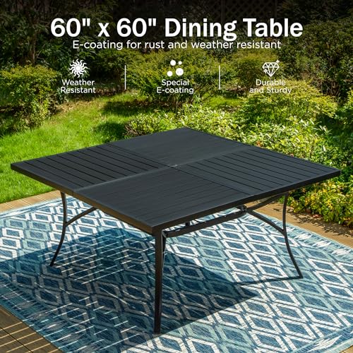 PHI VILLA 9 Pieces Outdoor Dining Set for 8, 60” Square Black Metal Table with Umbrella Hole & Stackable Iron Chairs, Large Outside Furniture Set for Patio, Deck, Yard, Porch