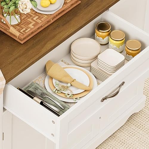 HOSTACK Kitchen Island Cart with Storage, 47'' Kitchen Storage Island on Wheels with 2 Drawers, Rolling Island Table with Adjustable Shelves, Mobile Buffet Sideboard Cabinet for Dining Room, White