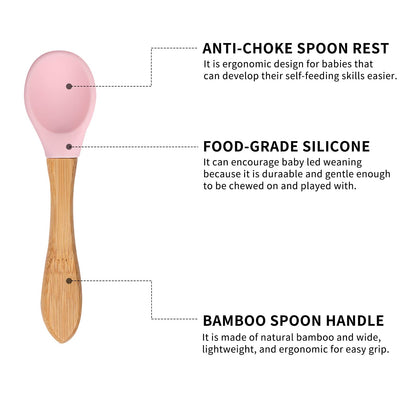 Toddler Bamboo Plates, Bowls and Spoon Set, Wooden Feeding Utensils for Infant’s Easy Self Eating at 1 Stage, Stay Put Silicone Suction Plate and Bowl and Soup Spoon for Baby Led Weaning