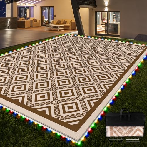 Pafolo Outdoor Rug Waterproof, 8'x10' Reversible Patio Rug with Lights, 4 Rug Stakes, Non Shedding, Easy Cleaning, Foldable Outside Mat for RV, Camping, Porch, Deck, Beach, Patio, Picnic, Brown&White