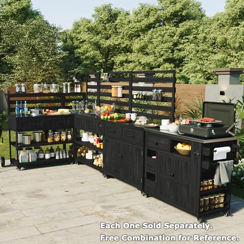 Eailaveo 41.7'' Large Patio Rolling Kitchen Island,Solid Wood Kitchen Cart with Sink,Garden Potting Bench with Stainless Table Top,2 Movable Shelves and 1 Bottle Opener (Black-RK)