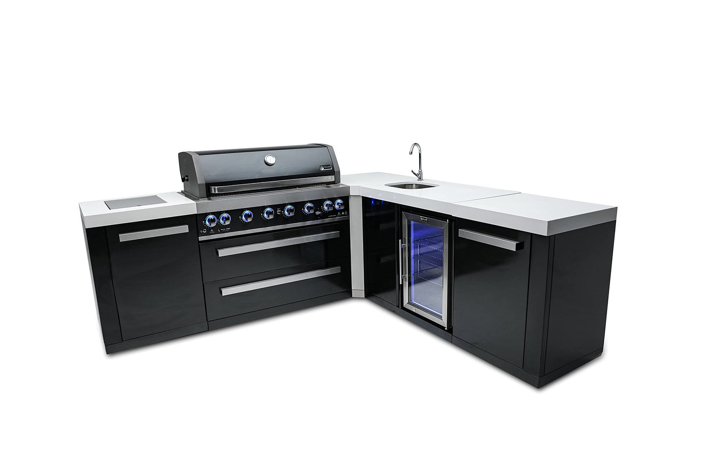 Mont Alpi MAi805-BSS90BEV Burner 115000 BTU L-Shaped 90 Degree Corner Black Stainless Steel Gas Modular Outdoor Kitchen Island BBQ Grill with Beverage Center Refrigerator + 2 Infrared Burners +Storage