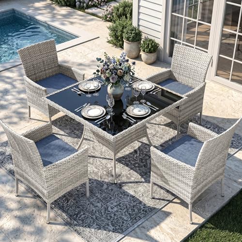 Sweecci Outdoor Dining Set, 5-Piece Patio Furniture Set with Tempered Glass Table and 4 Cushioned Chairs, Dual-Strand Wicker Rattan, Balcony Furniture for Backyard, Garden, Deck,– Navy Blue