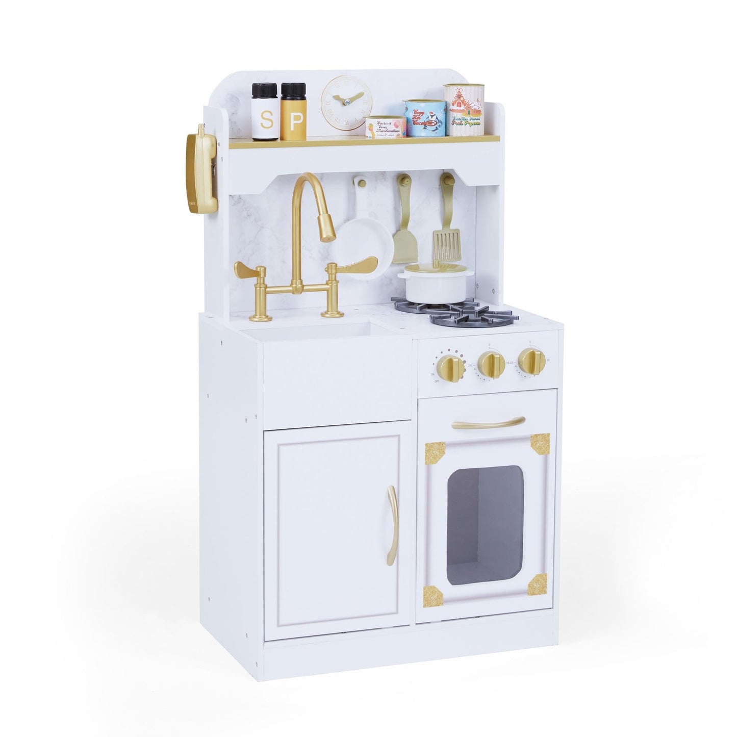 Teamson Kids Versailles Petite Classic Kids Wooden Interactive Play Kitchen, White with Faux White Marble and Gold