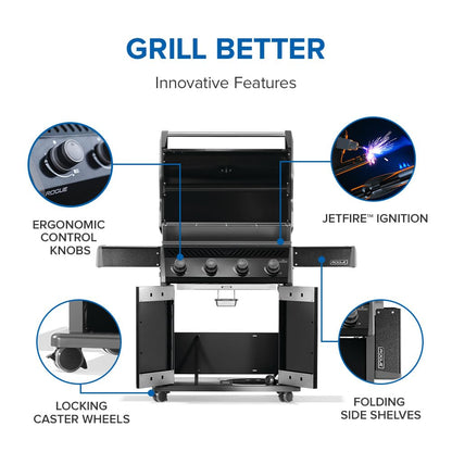 Napoleon Rogue 525 Natural Gas Grill, Black, Stainless Steel Grids, Durable 4-Burner BBQ