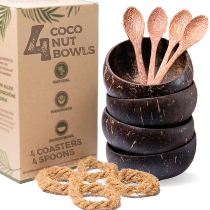 cocovibes 4 Handcrafted Wooden Bowls for Food Coconut Bowl Set with Spoons & Anti-Tip Coconut Rings perfect for Smoothie Bowls, Yogurt or Cereals