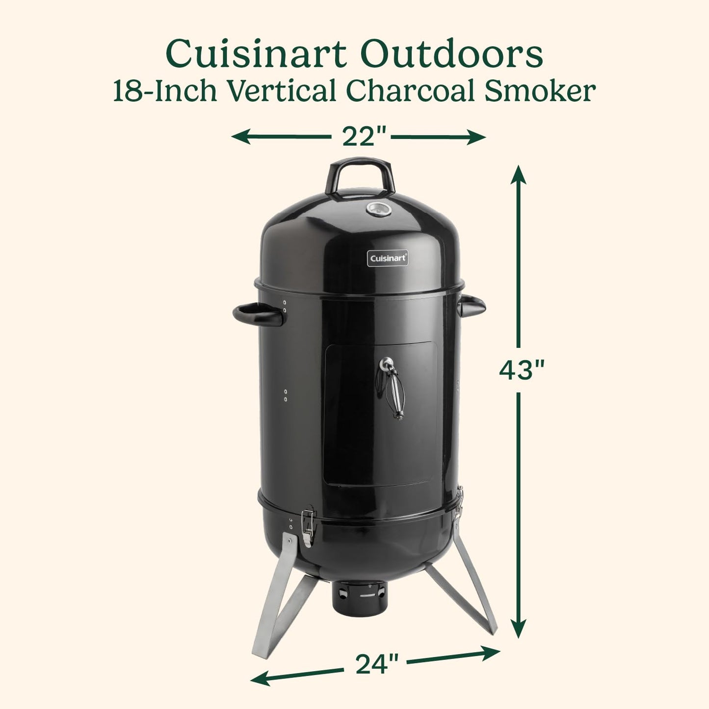 Cuisinart 18” Vertical Charcoal Smoker, Integrated Thermometer, Water Bowl and Dual Vents Perfect for Smoked Brisket, Chrome Plated Grates Smoker Grill for BBQ, Camping, Tailgates