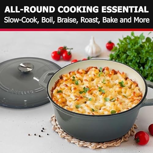 MUELLER HOME 4.5 QT Enameled Cast Iron Dutch Oven, Heavy-Duty Casserole Dish and Braiser Pan with Lid and Stainless Knob, Oven-Safe up to 500° F & Across All Cooktops, Grey